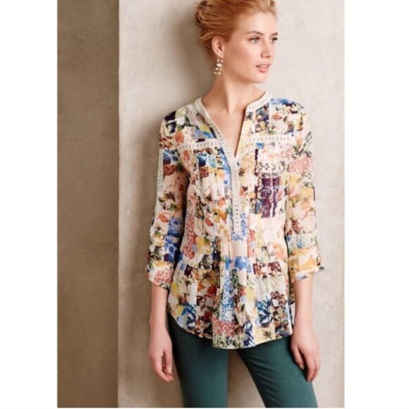 Maeve Anthropologie Pintuck Abella Top Womens 0 Fall Floral Multicolor Fairy - Picture 1 of 11
